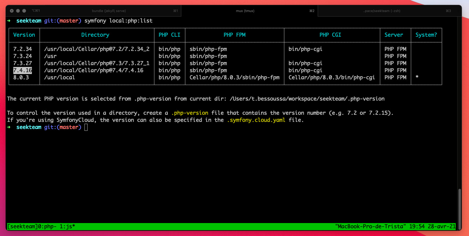 Détection des différentes versions de PHP installées sur votre machine tel que vu par le binaire Symfony